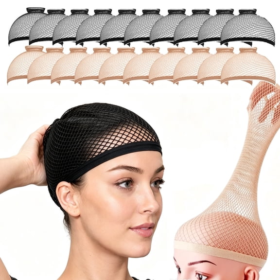 AVDDVZAR 20Pcs Open End Nylon Mesh Wig Caps, 10 Black And 10 Skin Color Stretch Hair Net Caps, Soft Wig Liner For Daily Wig Wear