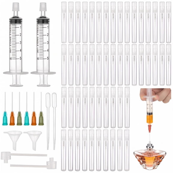 AVDDVZAR 66Pcs Refillable Small Travel Perfume Atomizer Set, Clear Plastic Empty Spray Bottles With Matching Tools For Perfume And Essential Oil Sample Storage