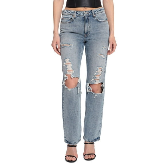 AVEC LES FILLES Women Cotton Ripped Mid-Morning Destructed Straight-Leg Jeans 31