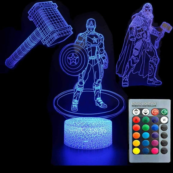 AVEKI 3D Night Light Touch Table Desk Lamp Super Hero Three Pattern 7 Colors Optical Illusion Lights with Acrylic Flat & ABS Crack Base & USB Cable, DF11