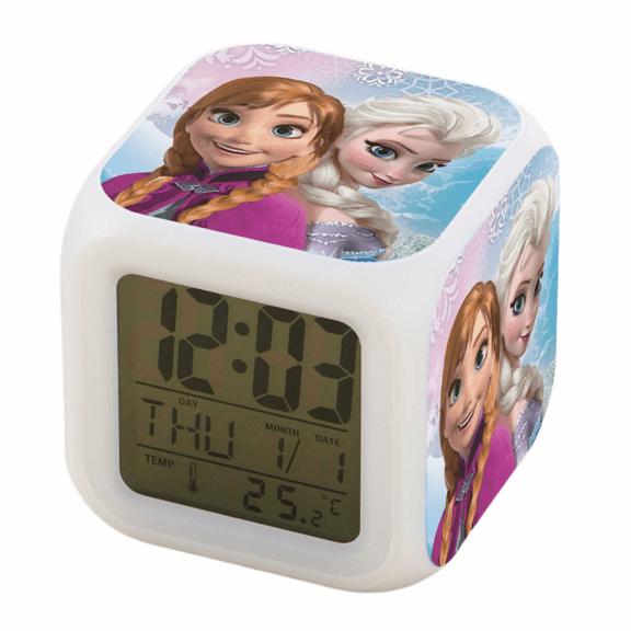 AVEKI Digital Alarm Clock , LED Digital Bedroom Alarm Clock Easy Setting Cube Wake up Clocks with 4 Sided Frozen Pattern Soft Night Light Large Display Ascending SoundPattern 12