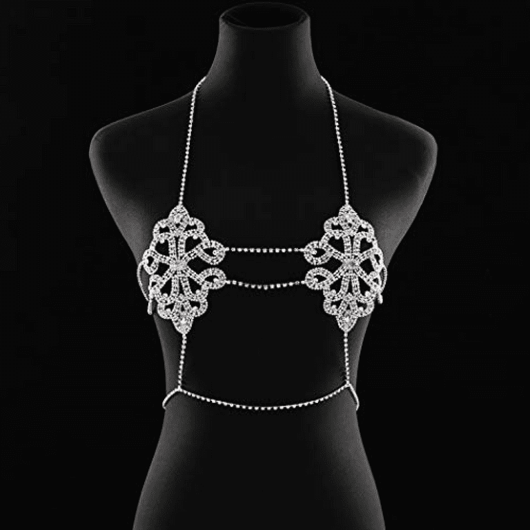 AVEKI Rhinestone Body Chain Crystal Bra Bikini Chains Summer Beach Body  Jewelry for Women and Girls (Silver) 