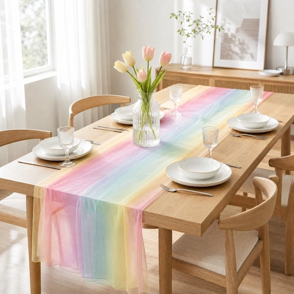 AVELORIA Colorful Chiffon Gradient Table Runner with Sheer Fabric & Rainbow Print for Party Wedding Banquet Home Dining Room Decoration & Event Supplies 80x200cm