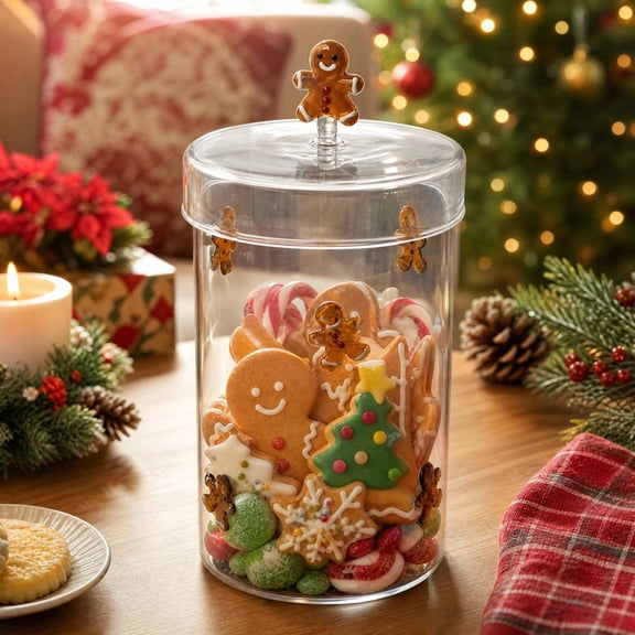 AVELORIA Gingerbread Man Glass Storage Jar Airtight Clear Glass Canister With Gingerbread Lid Knob Festive Food Container For Cookies Candy Nut Kitchen Counter Interior Decor
