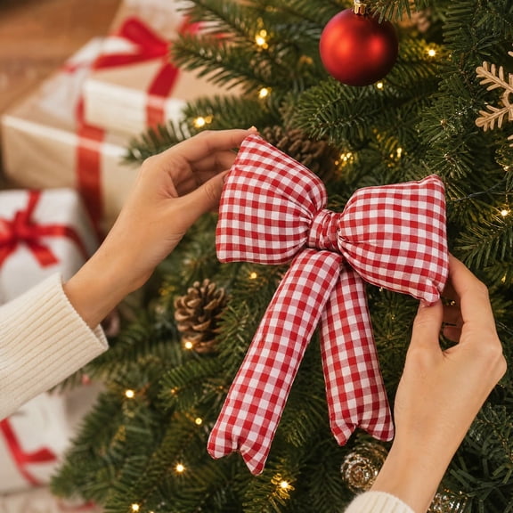 AVELORIA Red & White Buffalo Plaid Bow With Thick Cloth Build & Hidden Hanging Rope & Three Dimensional Shape For Gift Wrapping Door Wall & Home Decor & Gift Giving