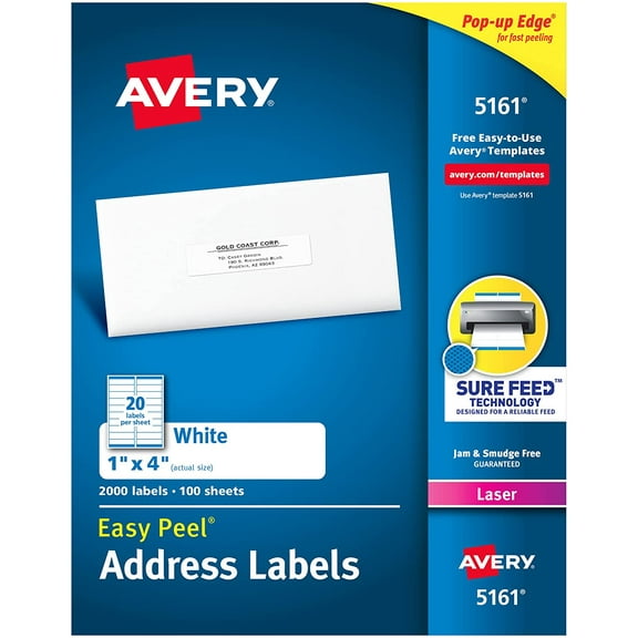 AVERY 5161 Easy Peel Laser Address Labels, 1 x 4, White, 2000/Box