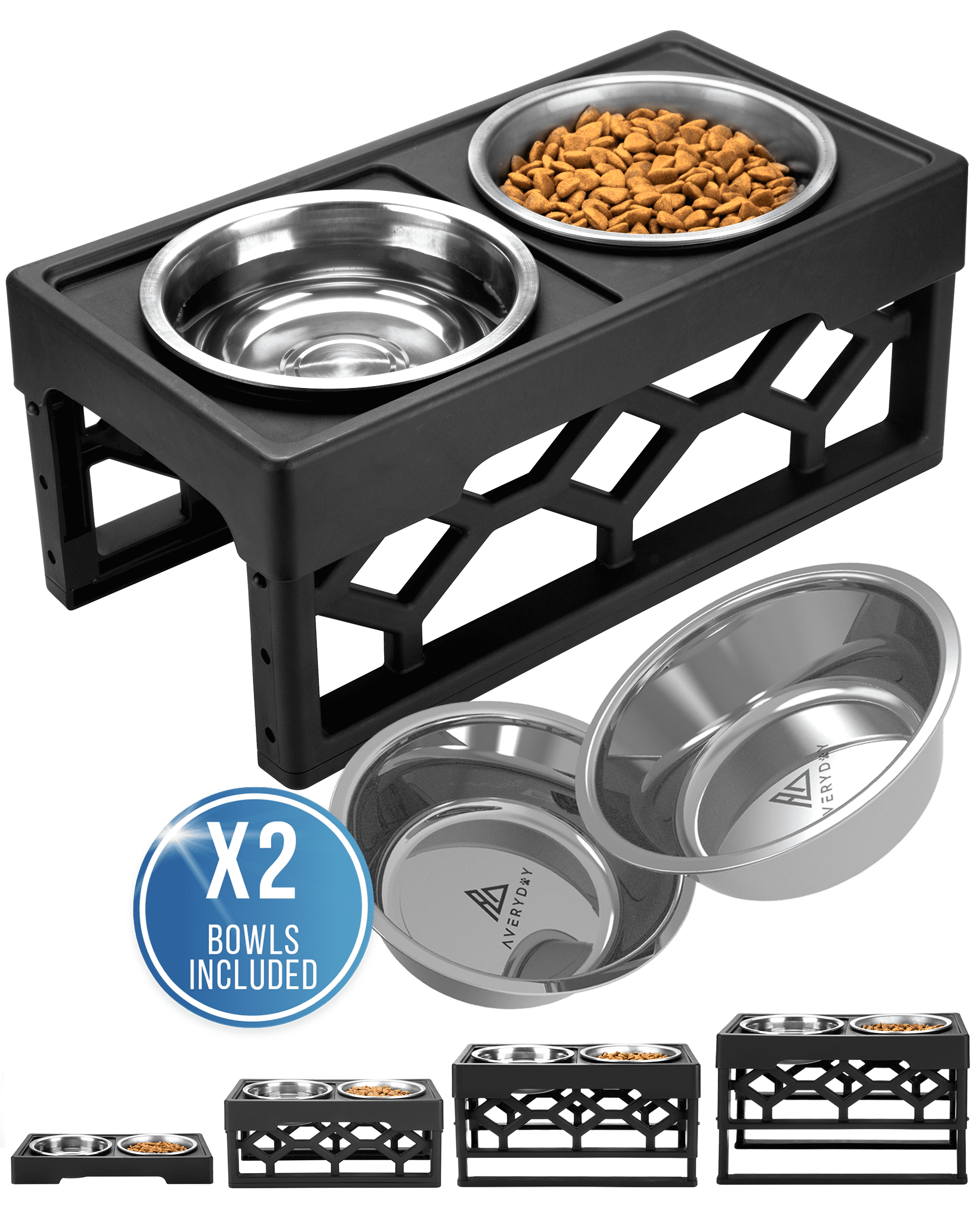 AVERYDAY Small Elevated Dog Bowls Stand - Adjustable Raised Pet Food Feeder  Station for Small/Medium Sized Dogs - Anti-Slip 4 Height Stand with 2
