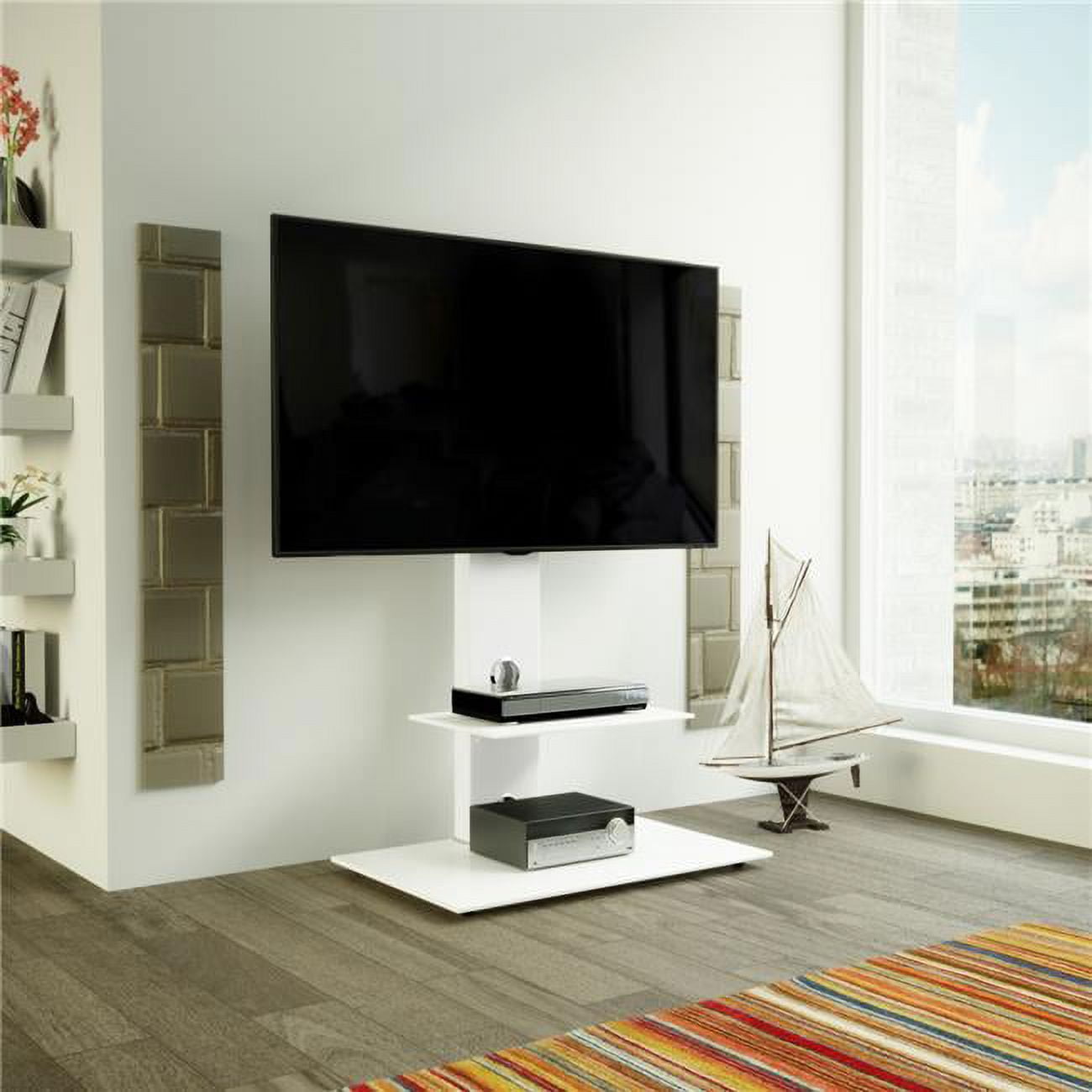 White Gloss TV Floor Stand with Mount and Tempered Glass Shelves