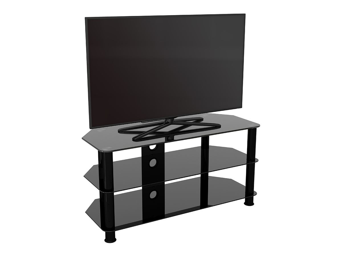 Sleek Black Stainless Steel & Tempered Glass Corner TV Stand