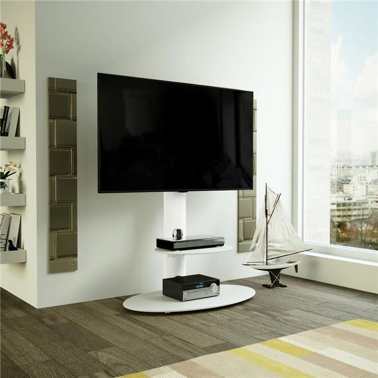 Satin White Steel TV Stand with Mount and Glass Shelves