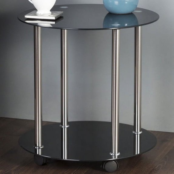 AVF Steel and Glass Two Tier Round Wheeled End Table in Black/Chrome