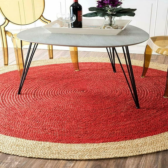 AVG Hand Braided Round Rugs Farmhouse Rugs for Living Area Rug for Bedroom, Kitchen, Living Room, Indoor Outdoor Rug Carpet 3" Square Feet (36x36 Inch) (Red+Beige Border)