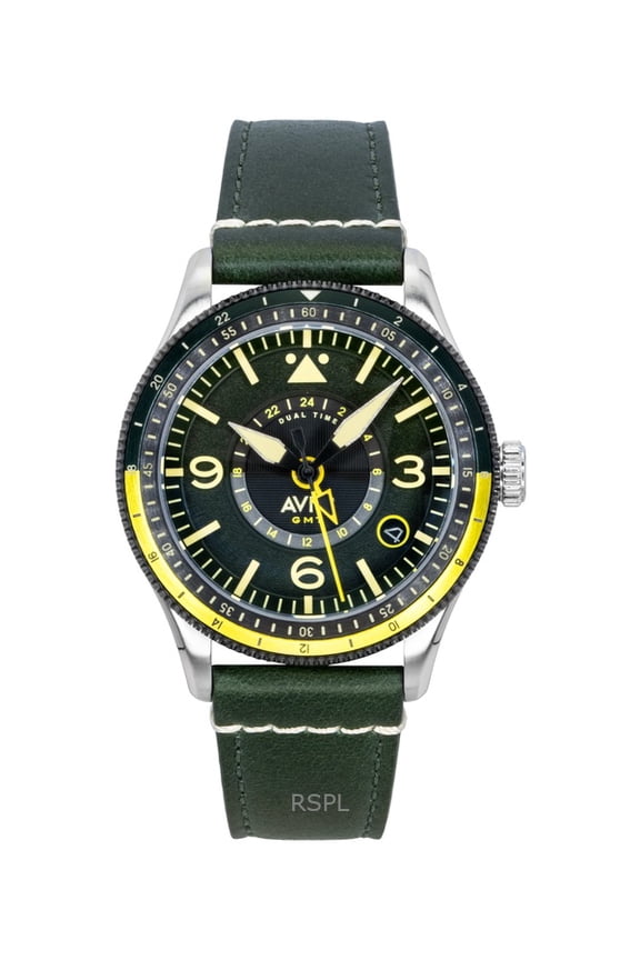 Flyboy Airmaster GMT Fuselage Green Leather Strap Green Dial Automatic AV-4128-03 Men's Watch