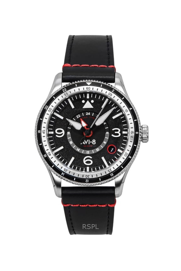 Flyboy Airmaster GMT Leather Strap Engine Black Dial Automatic AV-4128-01 Men's Watch