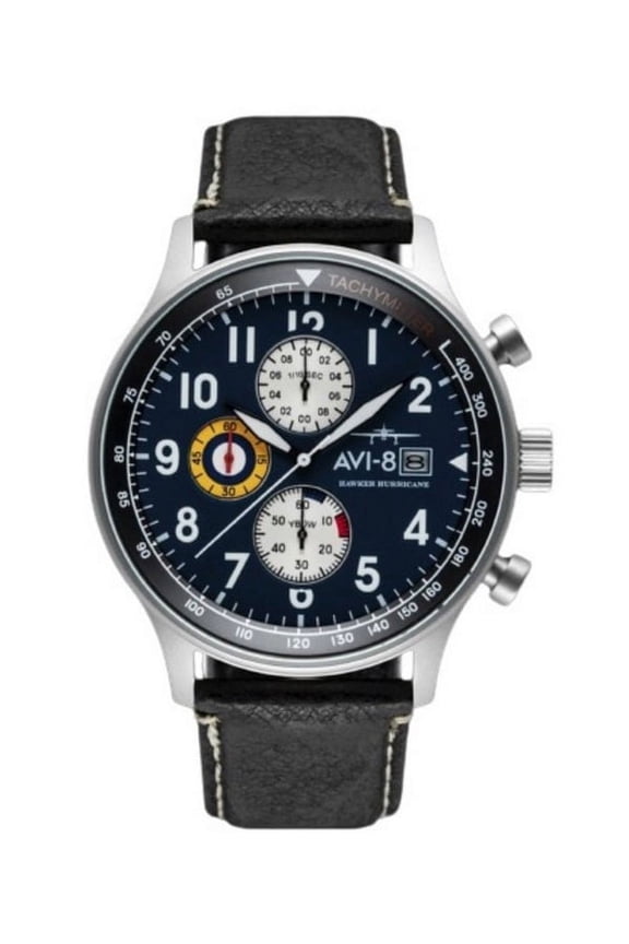 Hawker Hurricane Classic Chronograph Midnight Black Leather Strap Blue Dial Quartz AV-4011-0I Men's Watch