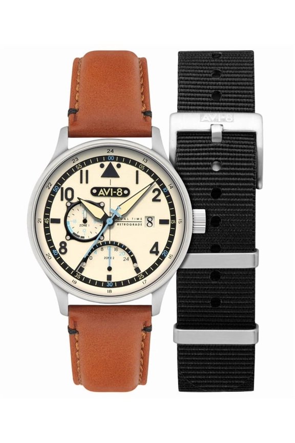 Hawker Hurricane Mckellar Dual Time Brown Beige Leather Strap Cream Dial AV-4101-0C Quartz Men's Watch With Extra Strap