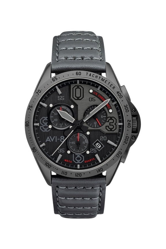 P-51 Mustang Blakeslee Chronograph Brevet Leather Strap Black Dial Quartz AV-4077-03 Men's Watch