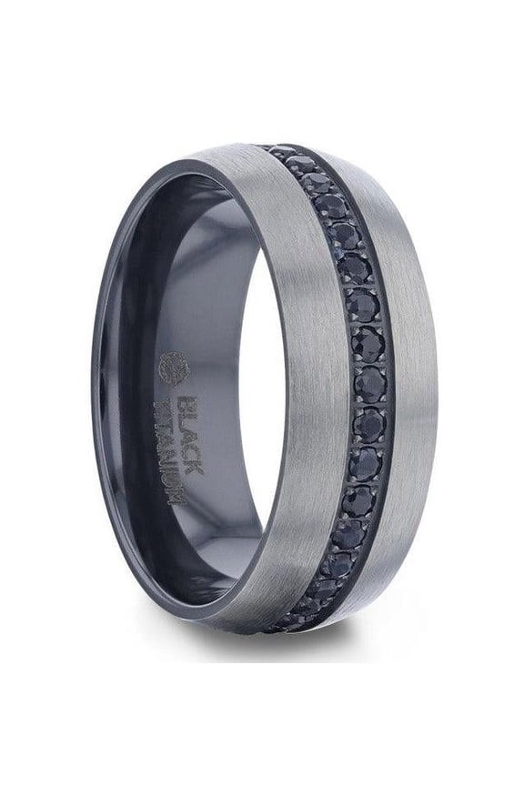 AVIATOR Domed Brushed Titanium Men's Band- Black Sapphire Stones Inlay