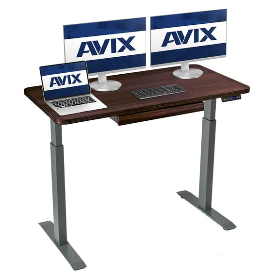 AVIX Dual Motor Electric Standing Desk with Drawer, 48 x 24 Whole Piece Sit-Stand Desk with USB Charging Port, 4 Memory Height Adjustments | Workstation Series Walnut