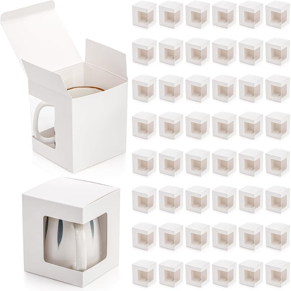AVLA 50 Pack Gift Boxes for Sublimation Mugs, 4.3x4.3x5'' Small White Packaging, 12OZ 15OZ Transparent Cups Wrapping With Clear View Window, Cupcake Christmas Ornament Box Wedding