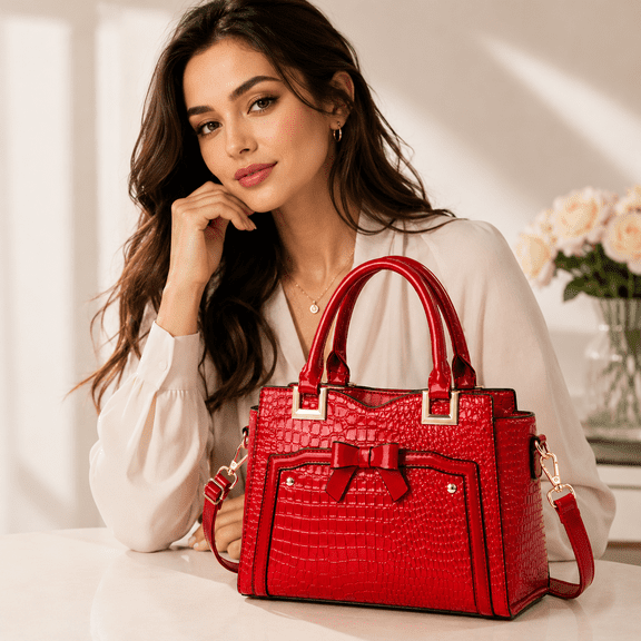 AVMPRO Women's PU Leather Solid Print Tote Purse Satchel, Red