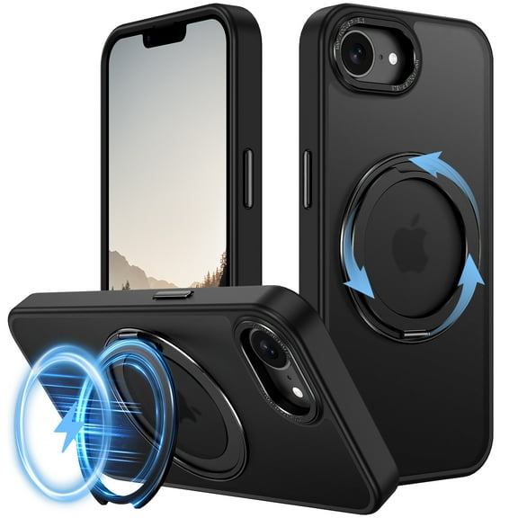 AVOCASE for iPhone 16e Case 2025 with Stand,Fit for MagSafe,360°Rotatable Ring Designed,Translucent Matte Texture Protective Military Grade Shockproof Phone Cover for Apple iPhone 16e,Black
