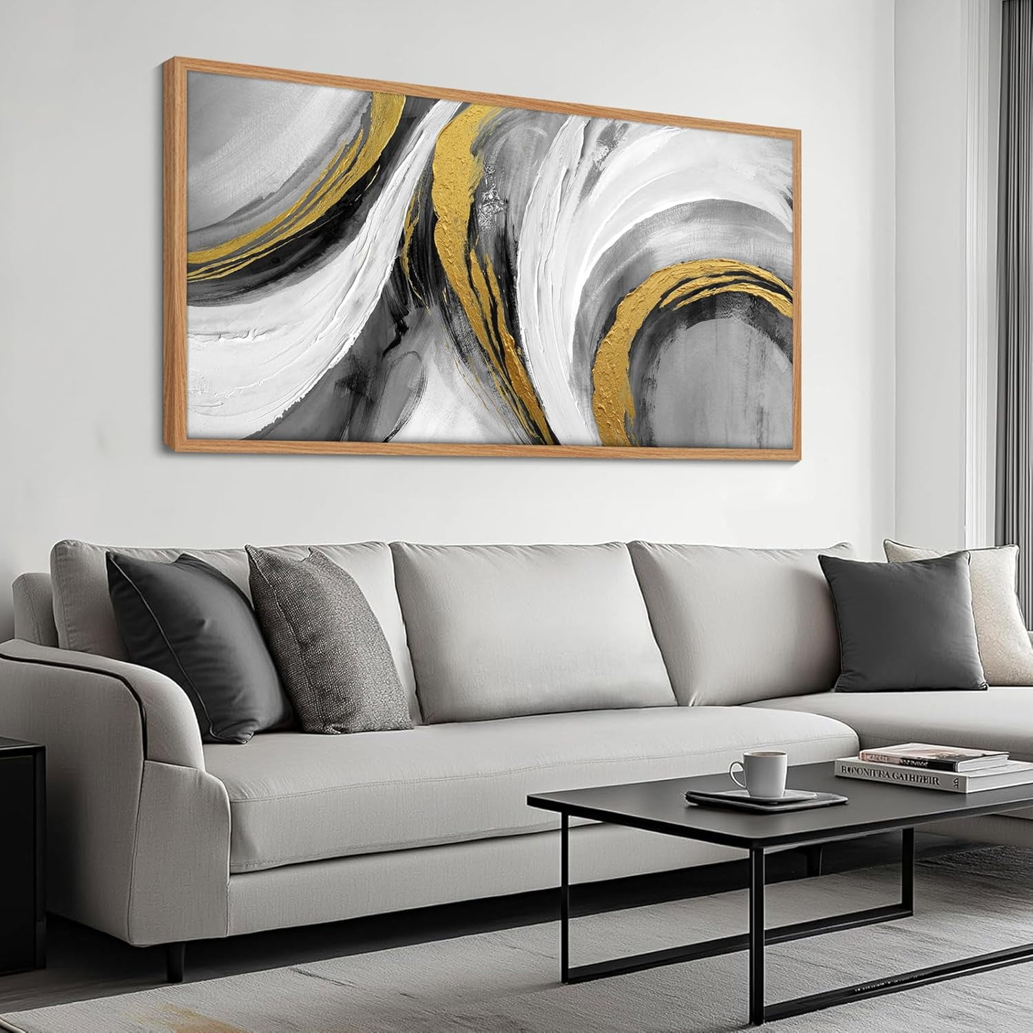 Abstract Wall Art Set Of 3 - Black & Blue Canvas Painting For Living Room, Framed Modern Decor