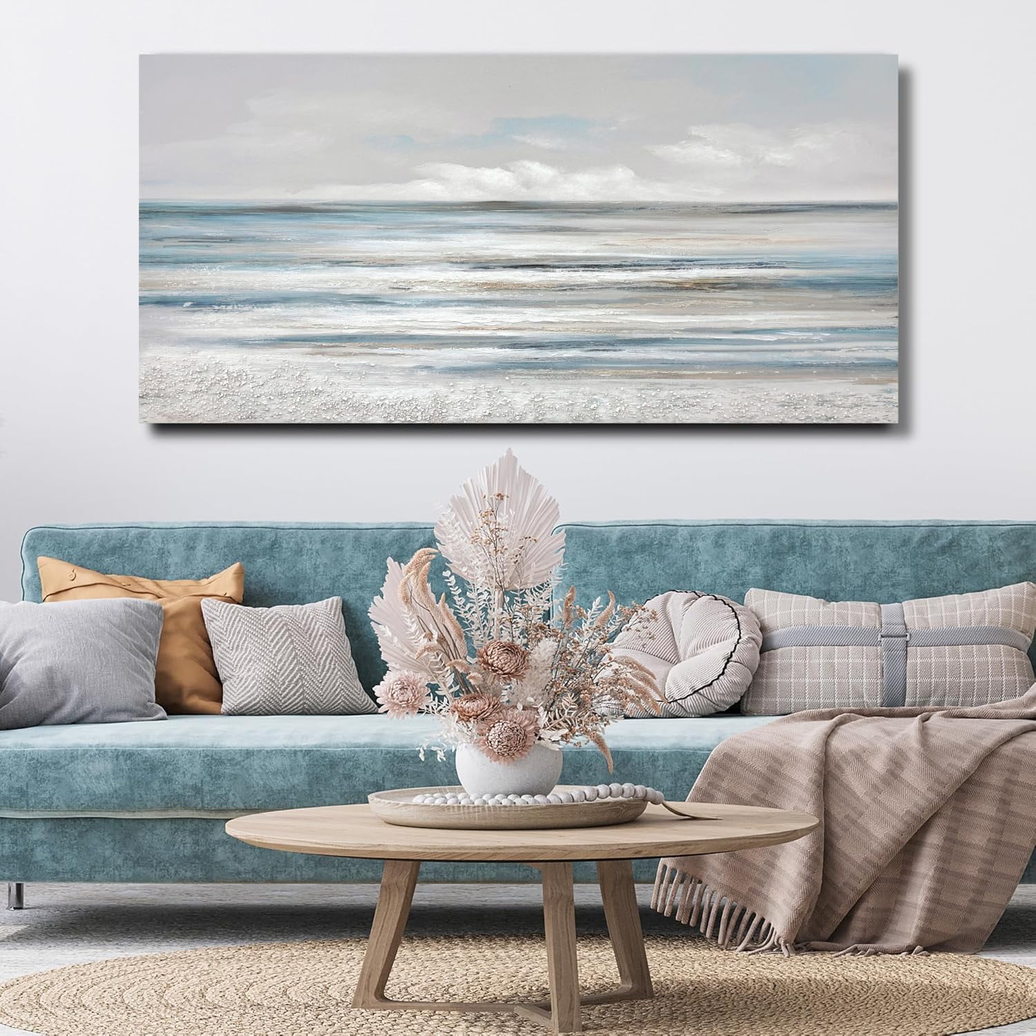 AVOI Abstract Wall Art Modern Coastal Wall Decor Textured Blue and White Sea Background Canvas ...