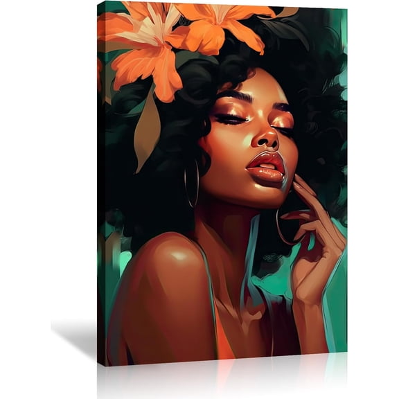 AVOI African American Canvas Wall Art Black Women and Orange Flowers Picture Print Girl Portrait Painting Aesthetics Artwork for Office Home(Woman-2) Unframe: 20x24in