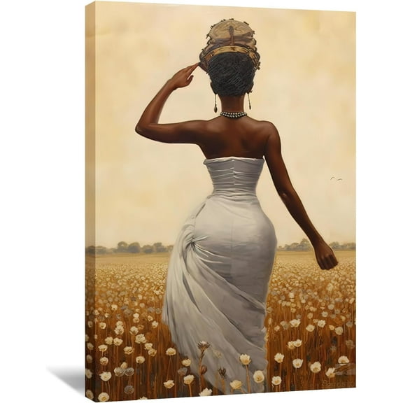 AVOI African American Wall Art Black Woman Walking in Flower Field Painting Canvas Print Fashion Female Picture Modern Artwork for Bedroom Home Girl's Room Decor Home Decor Unframe: 16x24in