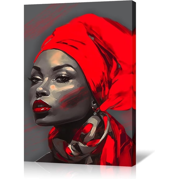 AVOI African American Women Canvas Wall Art Black Girl Red Headband Picture Print Beauty Fashion Female Painting Modern Pop Artwork for Living Room Bedroom Office Wall Decor(Women-3) Frame: 12x12in