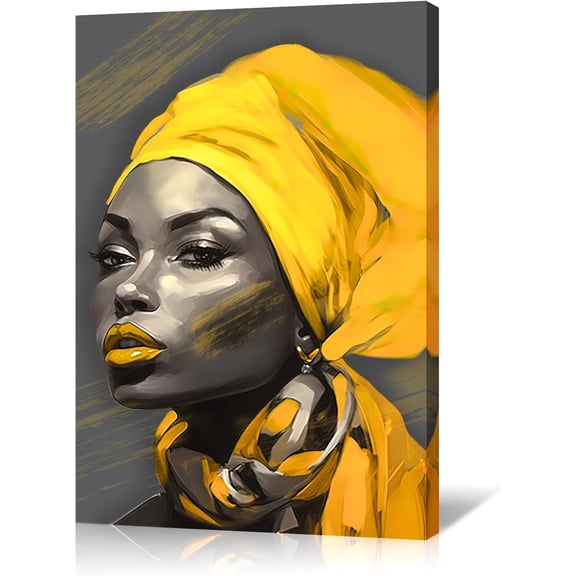 AVOI African American Women Canvas Wall Art Black Girl Yellow Headband Picture Print Beauty Fashion Female Painting Minimalism Artwork for Home Bedroom Bathroom Decor(Women-2) Frame: 16x24in