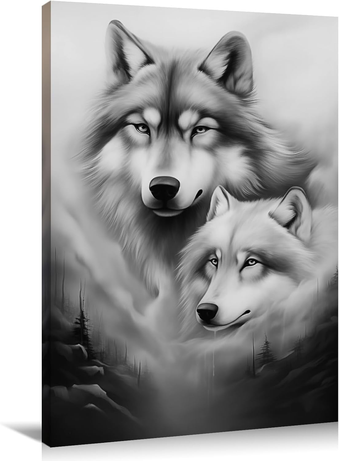 AVOI Animal Canvas Wall Art Wolf Couple Picture Gray Poster Abstract Mountain Forest Painting Aesthetics Artwork for Office Living Room Bedroom Bathroom Home Decor(Artwork-4) Unframe: 8x10in