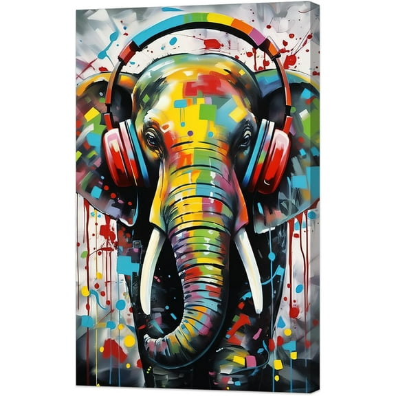 AVOI Animal Graffiti Wall Art Elephant with Headphone Canvas Painting Colorful Animal Art Print Funny Music Artwork for Nursery Kids Room (A) Unframe: 16x16in