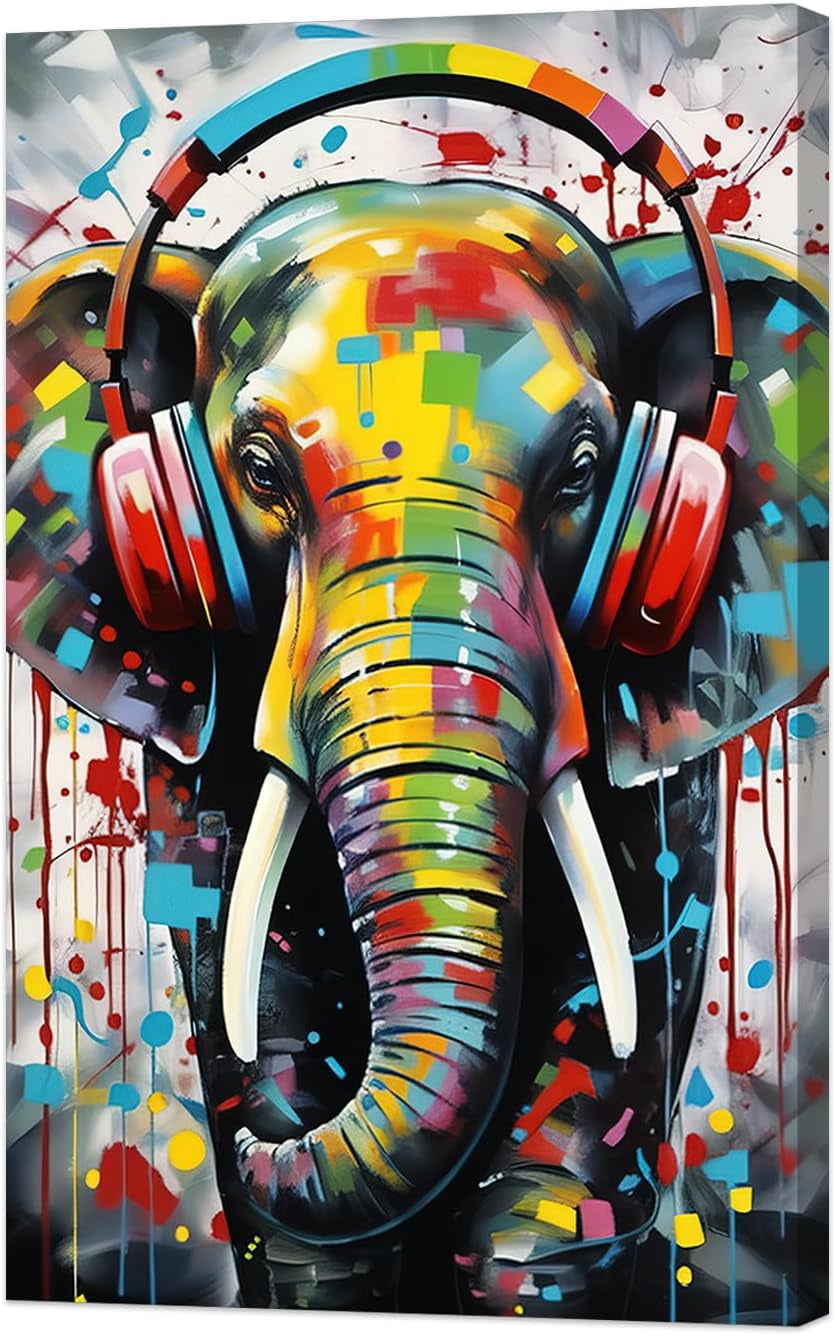 AVOI Animal Graffiti Wall Art Elephant with Headphone Canvas Painting ...