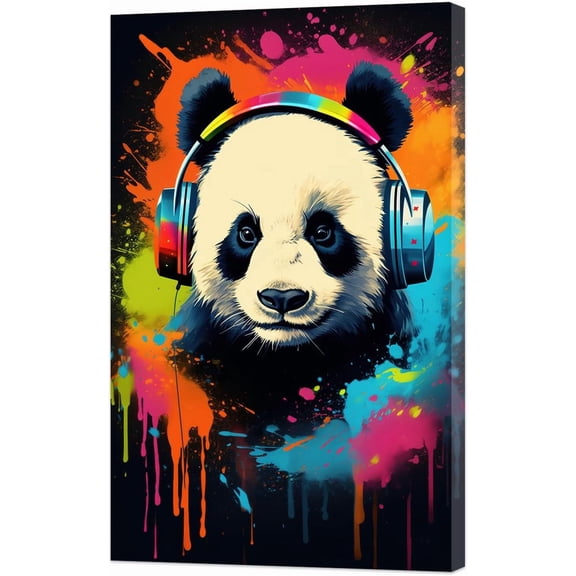 AVOI Animal Graffiti Wall Art Panda with Headphone Canvas Painting Colorful Animal Art Print Funny Music Artwork for Nursery Kids Room (D) Unframe: 8x10in