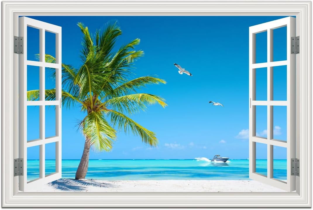 AVOI Beach Window Wall Art Decor for Living Room Ocean Canvas Pictures