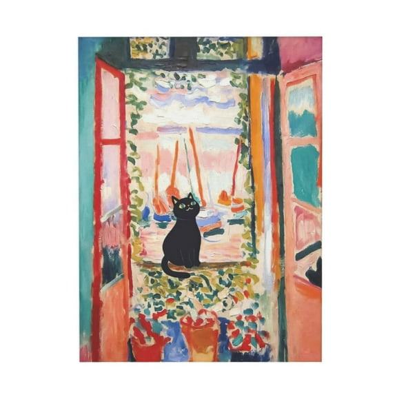 AEFER Matisse The Open Window Cat Print, Cat Poster, Cute Black Cat Picture, Henri Matisse Poster, Funny Cat Art for Bedroom Bathroom Unframe: 24x20inch(60x50cm)