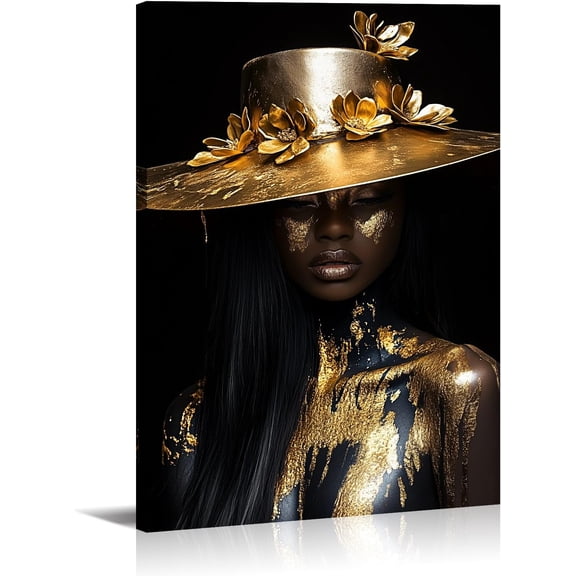 AVOI Black and Gold Woman Canvas Art African American Wall Decor Black Art Girl Picture Abstract Painting Modern Prints for Living Room Unframe: 16x16in