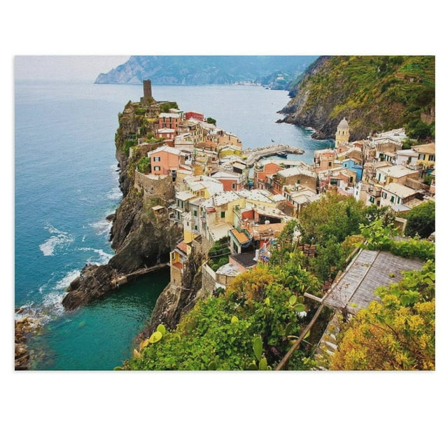 AVOI Canvas Print Wall Art Italian Seascape with City on Cliffs Architecture & Maps Cities Photography Realism Scenic Colorful Multicolor Ultra for Living Room, Bedroom, Office - 24"x36"
