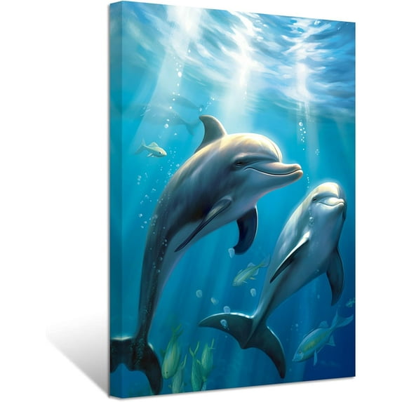 AVOI Dolphin Canvas Wall Art Jumping Dolphin Picture Prints Blue Sea Animal Bathroom Artwork Wall Decor for Kids Room Nursery(1) Unframe: 8x10in