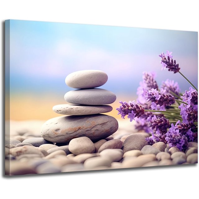 AVOI Farmhouse Bathroom Wall Decor Purple Lavender Flower and Zen Stone