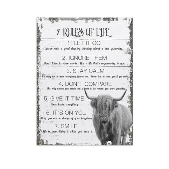 AVOI Farmhouse Highland Cow Bathroom Wall Art Decor 7 Rules of Life Inspirational Canvas Painting Rustic Black and White Western Cow Pictures Prints Country Home Unframe: 8x10in