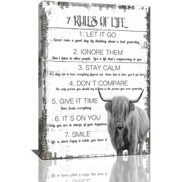 AVOI Farmhouse Highland Cow Bathroom Wall Art Decor 7 Rules of Life Inspirational Canvas Painting Rustic Black and White Western Cow Pictures Prints Country Home