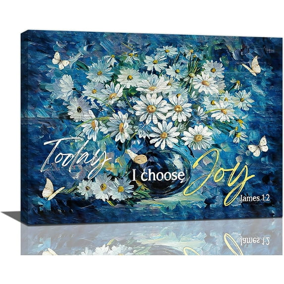 AVOI Farmhouse Navy Blue Daisy Flower Decor Wall Art Rustic Floral Butterfly Today I Choose Joy Pictures Wall Decor Canvas Painting Prints Artwork Decorationsd Bedroom Kitchen Frame: 24x16in