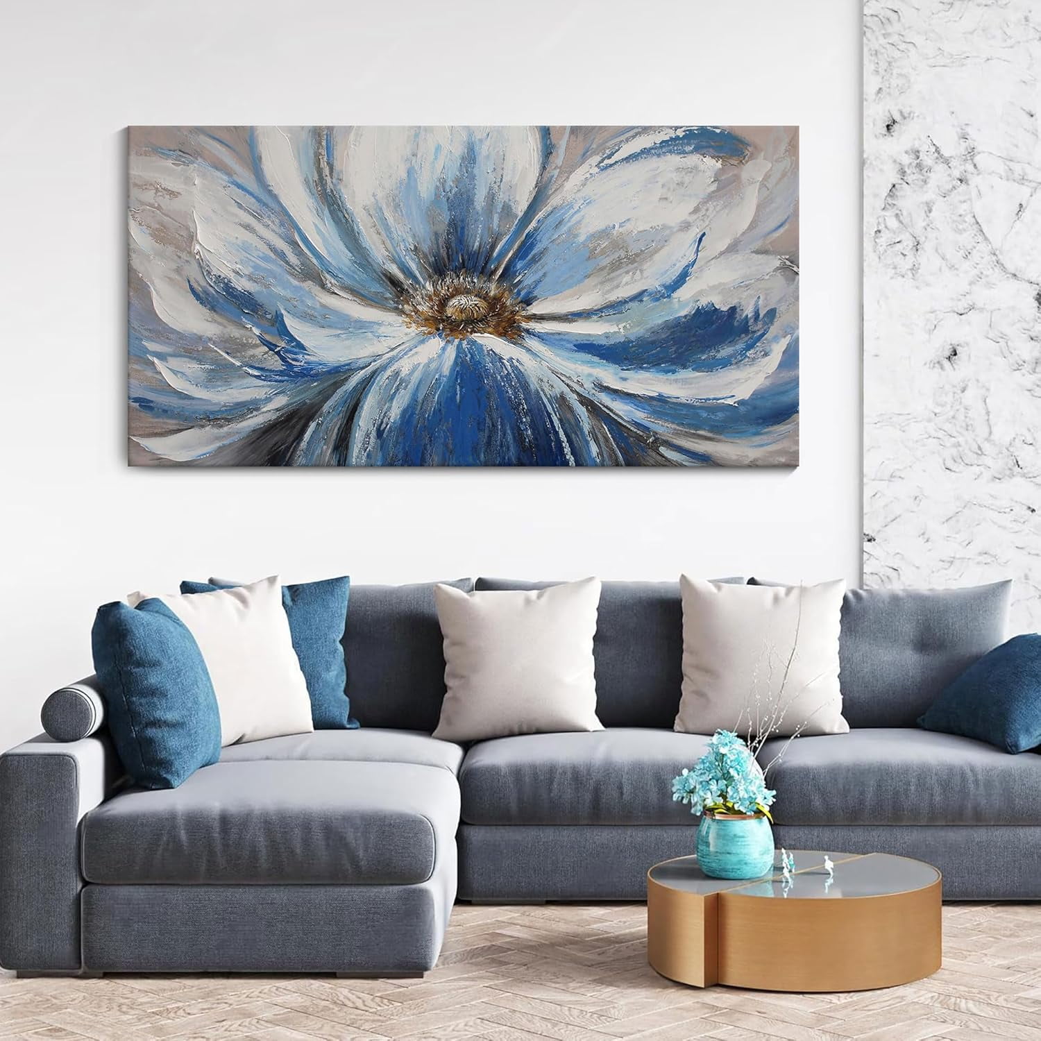 AVOI Flower Canvas Wall Art for Living Room Large White Blue Flower ...