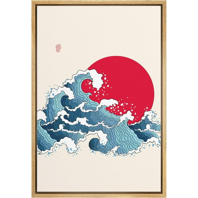 AVOI Framed Canvas Print Wall Art Japanese Style Sea Waves with Red Sun