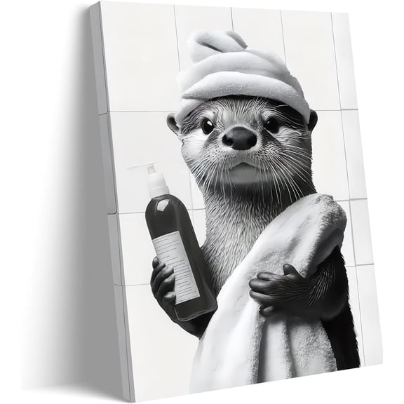 AVOI Funny Bathroom Canvas Wall Art Cute Otter Painting Picture Wall Decor Elegant Black and White Animal Poster Print Artwork for Home and Office Restroom Home Decoration Unframe: 12x12in