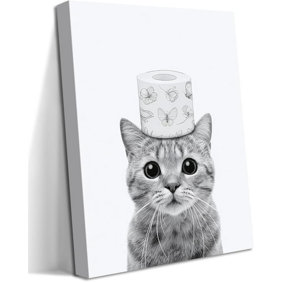 AVOI Funny Bathroom Wall Art, Cute Black and White Cat Canvas Wall Decor, Humor Toilet Paper Prints Bathroom Decor, Adorable Animal Picture Paintings Poster Toilet Signs Unframe: 12x16in