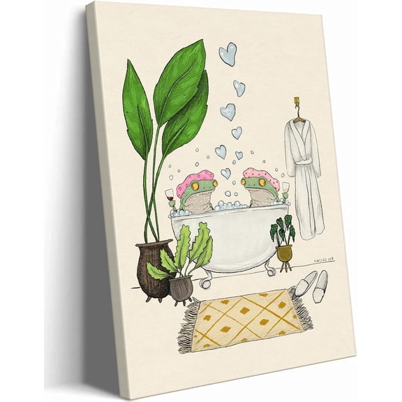 AVOI Funny Frog Bathroom Canvas Wall Art Cute Couples Animals Bathing in Bathtub Picture Wall Decor Green Plants Poster Painting Print Artwork for Bathroom Bedroom Home Decor Unframe: 12x12in